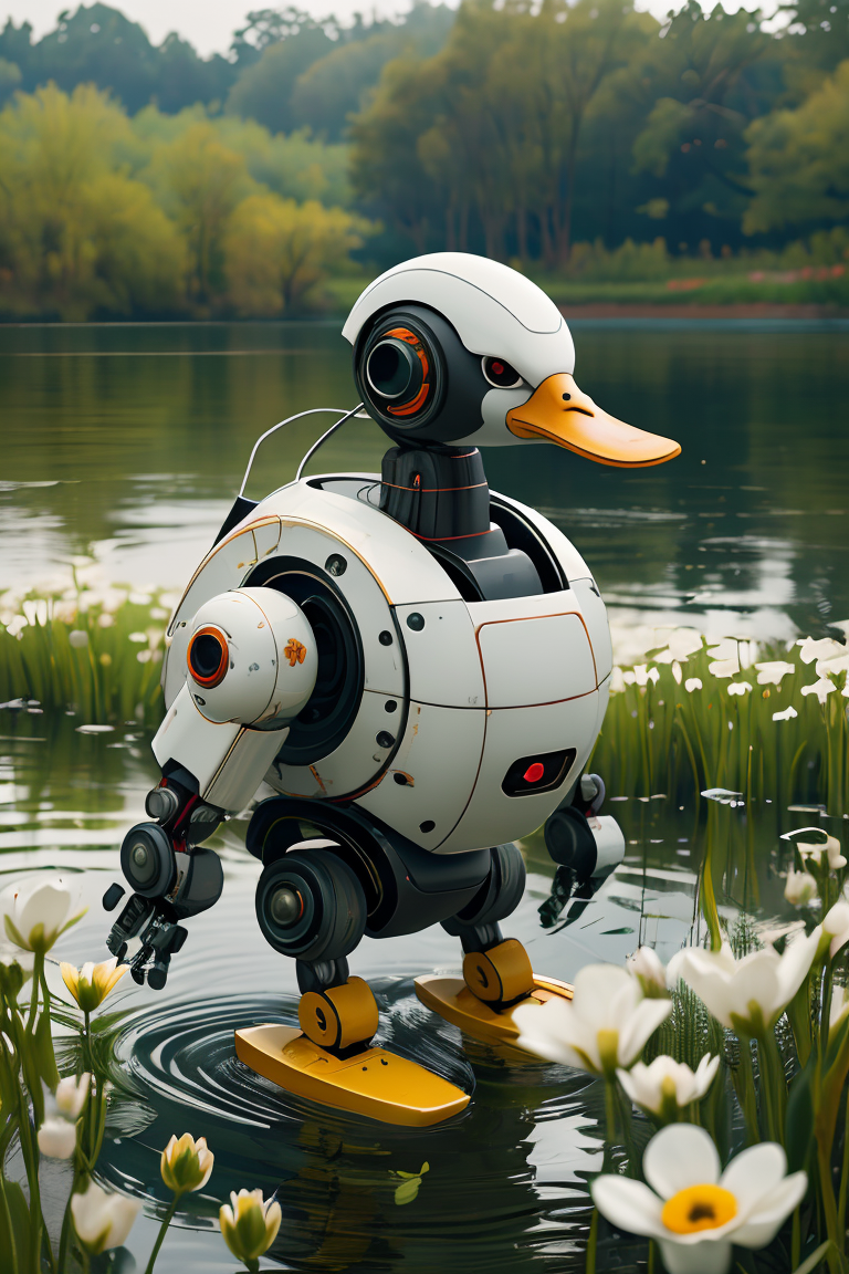 404700-3693513298-masterpiece, high quality, A robot duck, by lake, flowers,_lora_J_sci-fi-v1.0_0.8_,j_sci-fi,mecha,.png